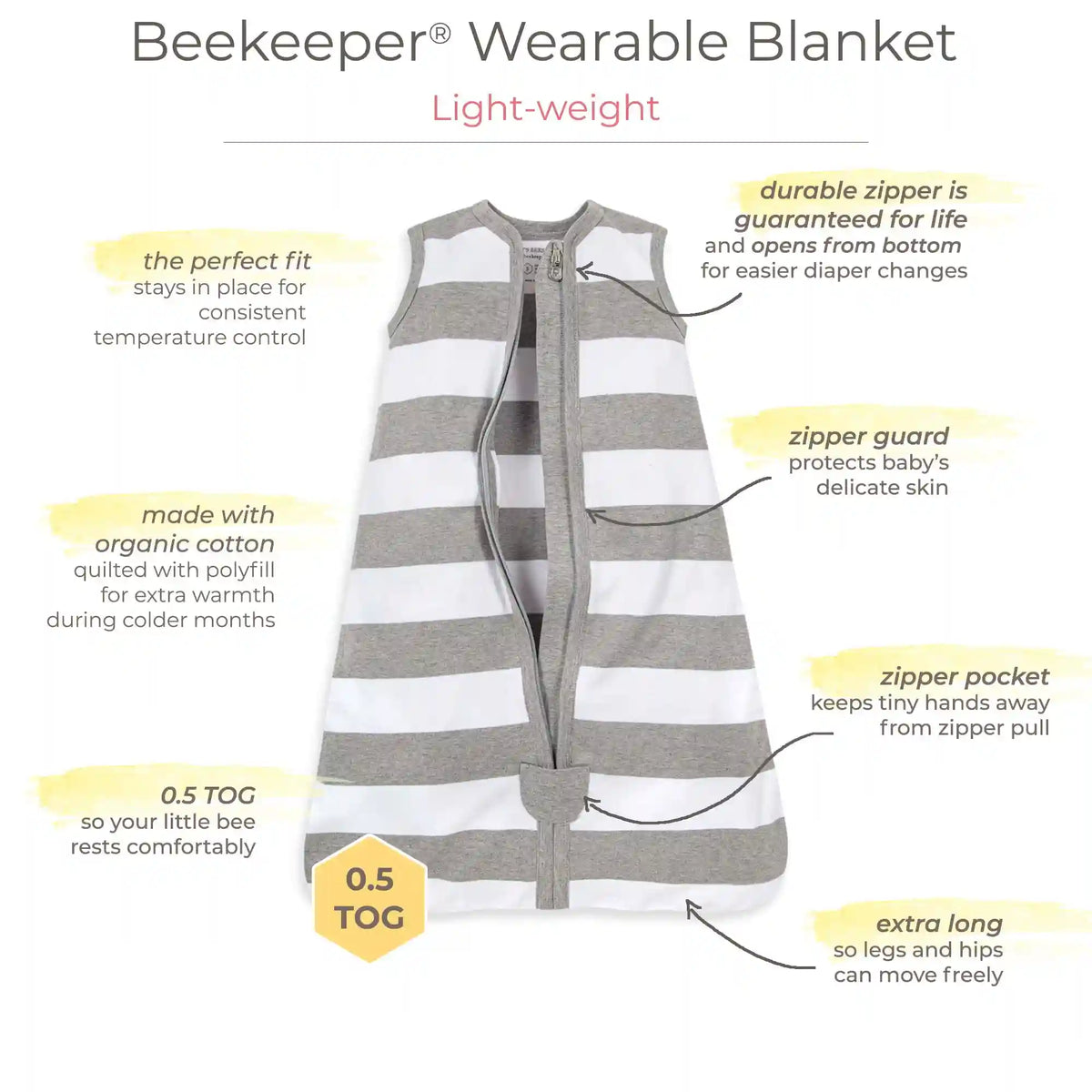 Rugby Stripe Organic Beekeeper™ Wearable Baby Blanket - Heather Grey